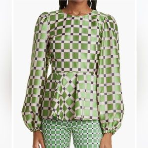 Stine Goya Gara Metallic Check Balloon Sleeve Peplum Top size M NWT Open Back